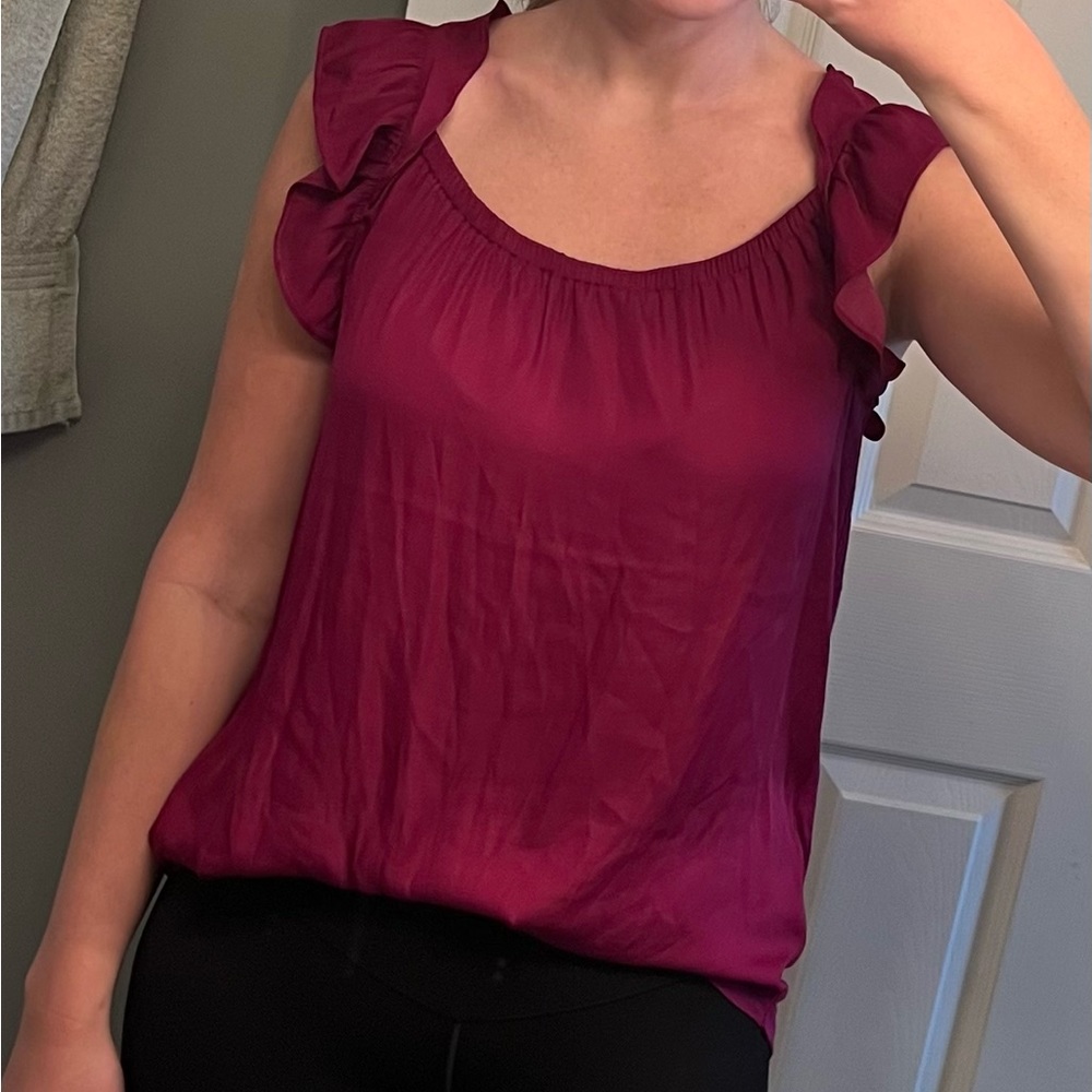 Loft purple ruffle sleeve mixed media blouse